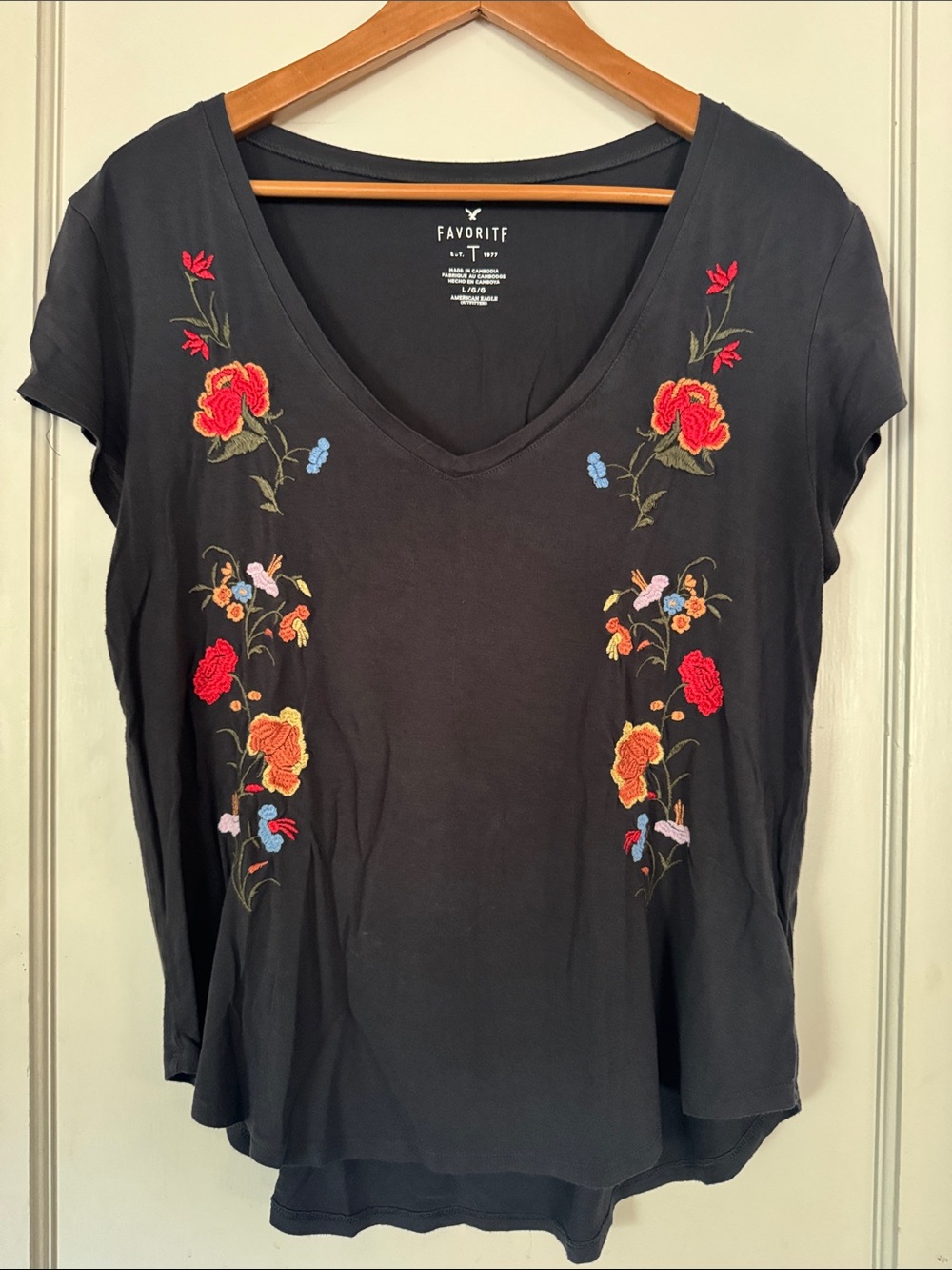 American Eagle Outfitters Black V-Neck Tee with Red and Yellow Floral Embroidery